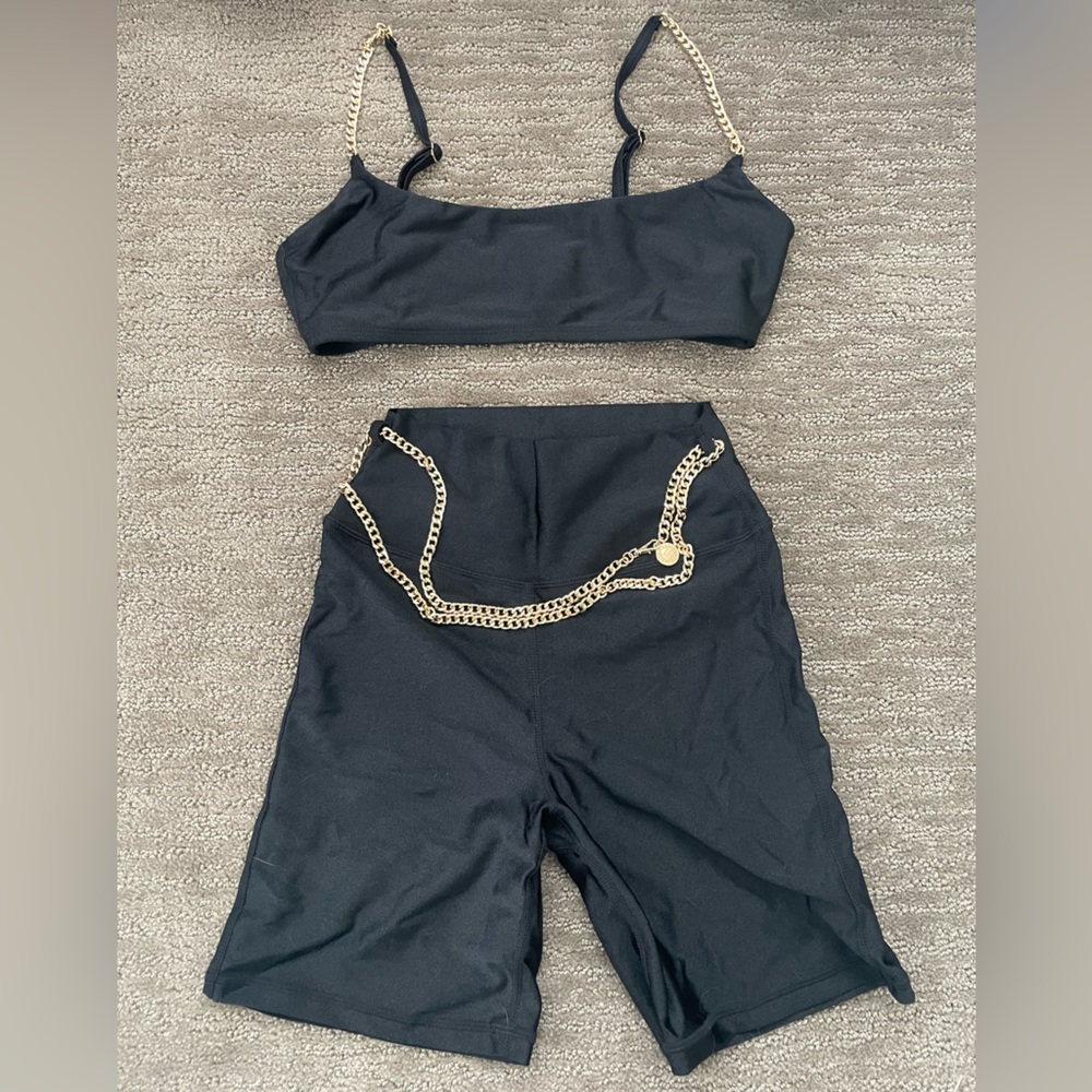 WeWoreWhat Active Set- Gold chain bike shorts (xs) and sports bra (s)